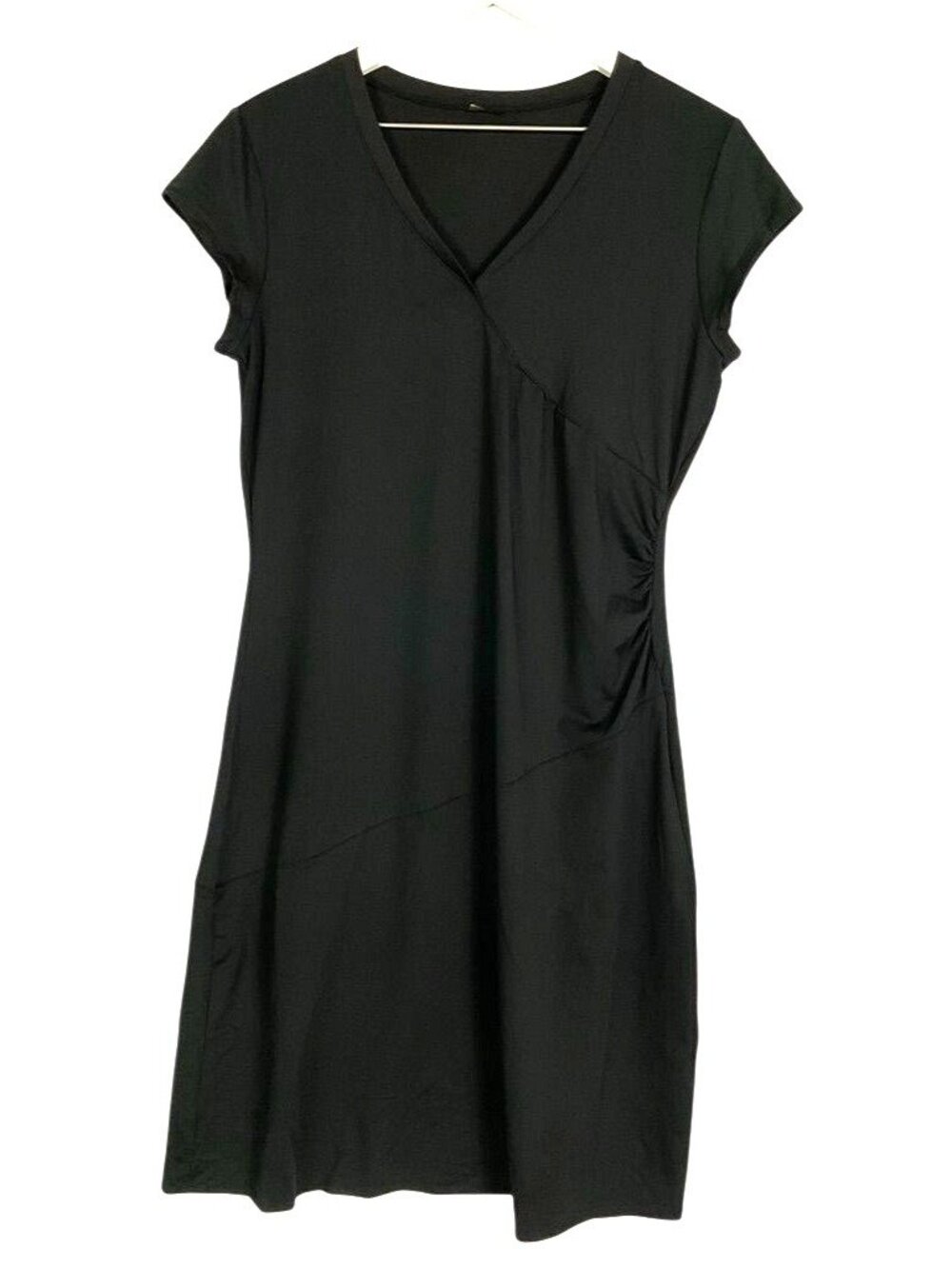 Athleta Nectar Faux Wrap Dress Black Ruched V Neck Athleisure Medium